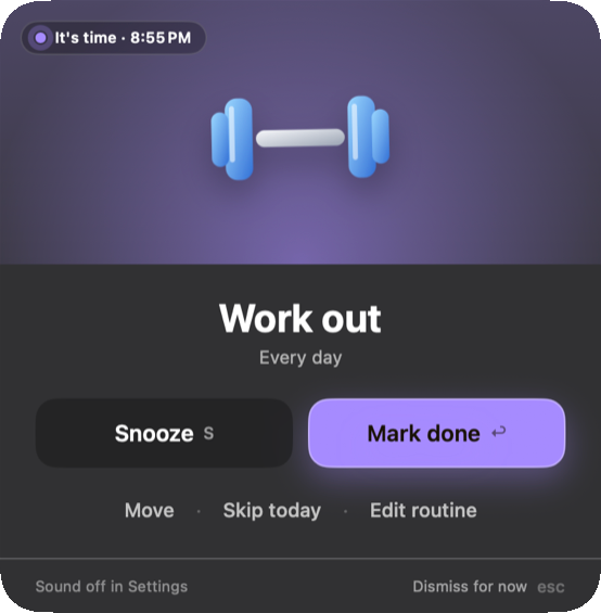 Reminder for Work out over the screen