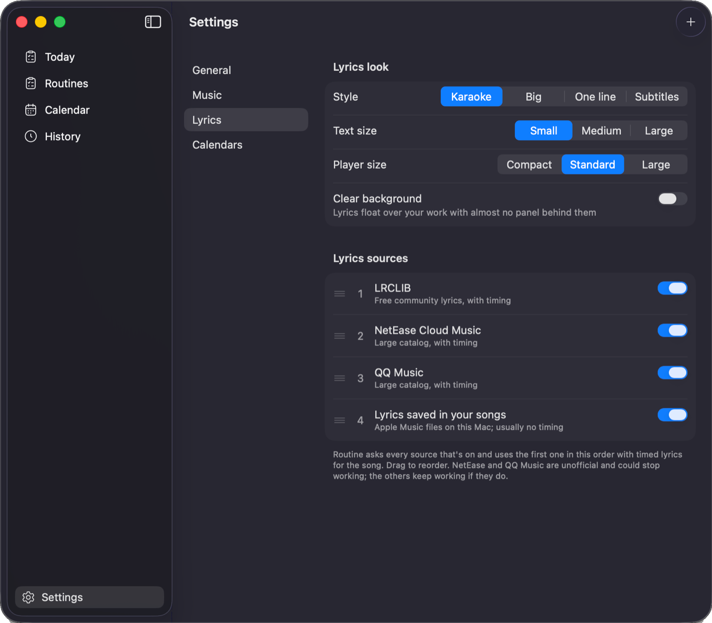 Lyrics settings with style, size and sources